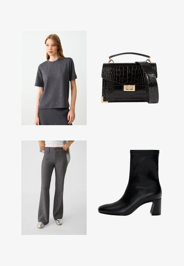 Szara bluza z krótkim rękawem i okrągłym dekoltem, ozdobiona rozproszonymi małymi cyrkoniami. Gładki materiał o luźnym kroju.; Szare spodnie w fasonie dzwonów wykonane z teksturowanej tkaniny, z dwoma guzikami z przodu i szlufkami na pasek, w połączeniu z błyszczącymi srebrnymi sneakerami.; Czarny botek na kostkę wykonany z gładkiej skóry. Posiada kwadratowy czubek, elastyczny górny brzeg oraz masywny obcas zapewniający stabilność. Minimalistyczny design.; Czarna torebka na ramię z lakierowanej skóry licowej o fakturze krokodyla, ze złotymi akcesoriami, górną rączką oraz odczepianym paskiem na ramię. Prostokątny kształt z klapką.