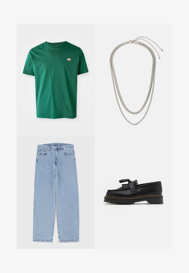 Vihreä puuvillapusero, jossa on pyöreä pääntie, lyhyet hihat ja pieni monivärinen logo vasemmassa rinnassa. Pehmeä rakenne, rento muotoilu.; Vaaleansiniset farkut suoran lahkeen muotoilulla, joissa on puolivälin vyötärö, viisi taskua sekä nappi- ja vetoketjusuljenta.; Musta nahkakengät, joissa on tupsuakkentti, paksu musta pohja ja keltainen ommel reunassa. Rakeinen pinta.; Kolmikerroksinen hopeametallinen kaulakoru, jossa on tyylikkäitä, joustavia ketjuja, joissa on hieno kiilto. Kaulakoru on kiinnitetty hummerilukolla ja siinä on säädettävä ketju.