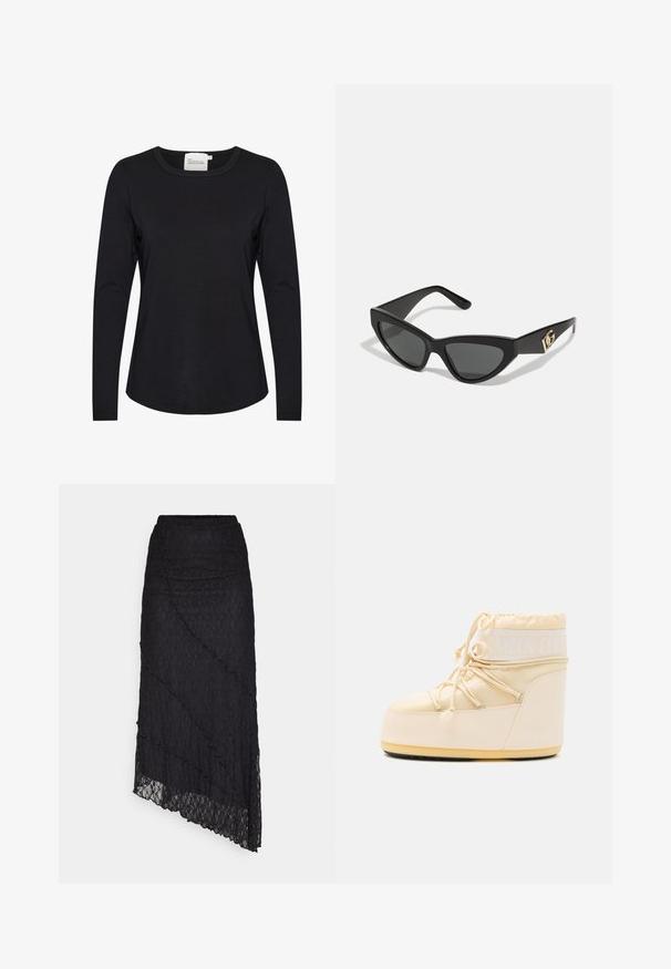 Cămașă neagră cu mânecă lungă, realizată dintr-un material neted, având un guler rotund și o curbură ușoară la tiv, cu detalii minime de cusut.; Top din dantelă neagră cu decolteu off-the-shoulder, mâneci lungi tip clopot și margini ondulate. Model floral texturat pe întreaga suprafață.; ONLY ONLKIM LACE SKIRT - Fustă maxi - black; Cizme Luna bej deschis, cu vârful rotund, închidere prin șnur și talpă din cauciuc texturat. Prezentă branding alb și materiale sintetice netede.; Ochelari de soare tip cat-eye cu un cadru din plastic mat de culoare neagră, lentile întunecate și un accent de logo aurit pe tâmple. Design unghiular și textură netedă.