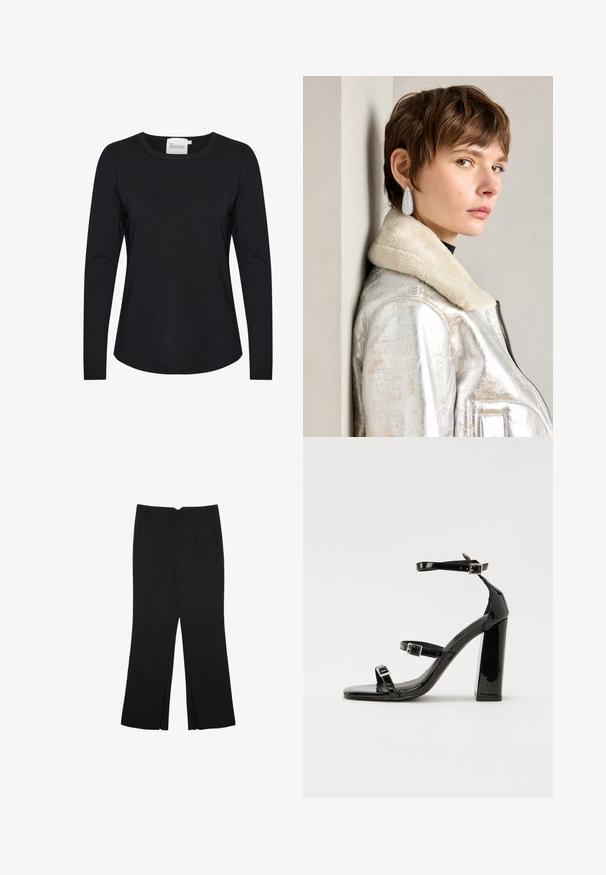 Schwarzes Langarmshirt aus glattem Stoff, mit rundem Halsausschnitt und leicht geschwungenem Saum, sowie minimalen Nahtdetails.; Schwarze Hose mit geradem Schnitt, ausgestattet mit Fronttaschen und Seitenschlitzen am Saum. Hergestellt aus weichem, glattem Stoff. Geeignet für verschiedene Anlässe.; Schwarze patentierte Sandalen mit Absatz, quadratischer Spitze, Knöchelriemen und silbernen Schnallen. Mit einem stabilen Blockabsatz für mehr Stabilität.; Silberne metallische Lederjacke mit Schaffellkragen, mit Reißverschluss und strukturiertem Oberflächen. Große Tropfenohrringe mit klaren Edelsteinen.