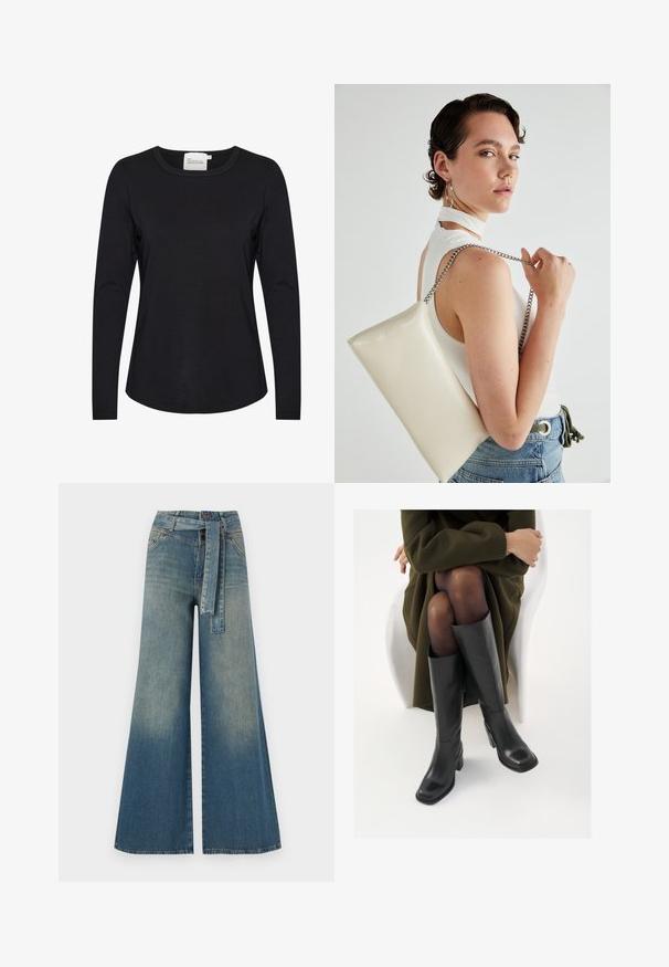 Melna garais krekls ar garām piedurknēm, izgatavots no gludas auduma, ar apaļu dekoltē un nelielu izliekumu apakšmalā, ar minimālām šuvēm.; Platām kājām džinsu bikses ar gaismas līdz tumši zilam gradientam, augstu jostas līniju, jostas cilpām un atbilstošu auduma jostu. Tekstūrēts džinsas apdare.; Ceļgalu augstuma melni ādas zābaki ar kvadrātu purngalu un bloku papēdi, attēloti modelī, kurš sēž olīvu zaļā mētelī. Gluda tekstūra, minimāla apdare.; Balts taisnstūra clutch soma, izgatavota no spīdīga materiāla, ar sudraba ķēdes siksnu. Modelis pozē, demonstrējot somu uz vienkārša fona.