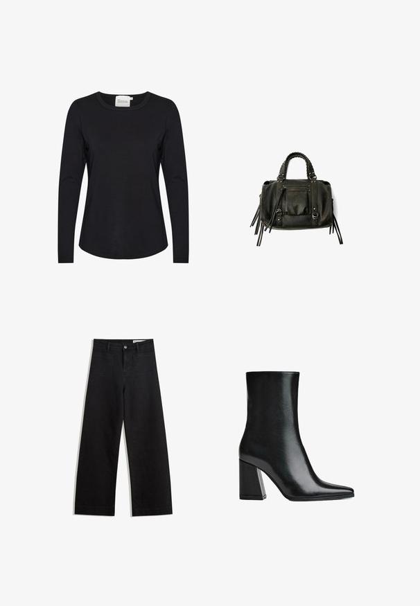 Black long-sleeve shirt made of smooth fabric, featuring a round neckline and slight curvature at the hem, with minimal stitching details.; Black wide-leg denim pants with a high waist, featuring front and back pockets, stitched seams, and a button closure. Smooth texture.; Black leather ankle boot with a pointed toe and high block heel. Smooth texture with a sleek silhouette and a solid base design.; Black leather handbag with braided handles, zipper pocket, and hanging tassels. Textured surface with metal studs and hardware accents.