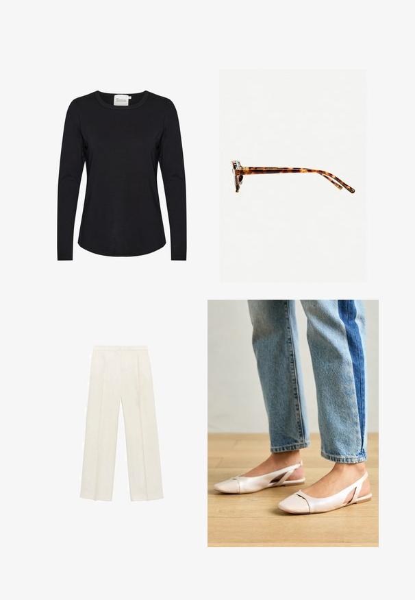 Čierna dlhá košeľa s dlhým rukávom vyrobená z hladkej textílie, s okrúhlym výstrihom a jemným zakrivením na leme, s minimálnymi švovými detailami.; Široké nohavice vo svetlej krémovej farbe. Vyrobené z hladkej látky s skladmi vpredu a bočnými vreckami.; Svetloružové slingback baleríny s jemne špicatou špičkou, vyrobené z hladkého materiálu pripomínajúceho kožu. Majú výrezové detaily na stranách a plochý opätok.; Slnkové okuliare v korytnačkovom vzore s hrubým rámom, mierne zakrivenými stranami a hladkým povrchom. Majú klasický dizajn s lesklým povrchom.