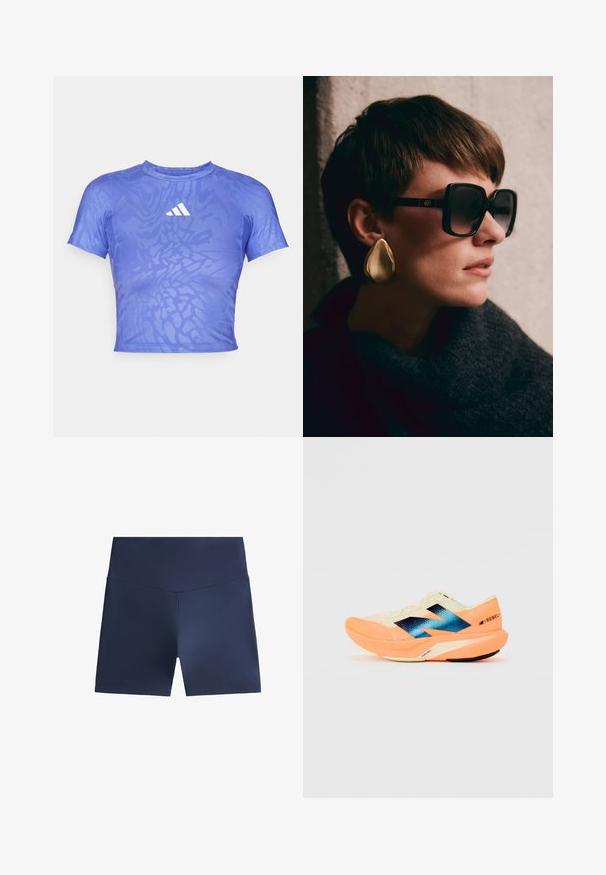 Tricou sportiv cu mânecă scurtă de culoare purpurie, cu un model texturat și un logo alb pe piept. Are un guler rotund și un design ajustat.; Șorturi atletice de culoare albastru marin, fabricate dintr-un material neted și ușor. Design ajustat cu un talie înaltă. Fără modele vizibile sau accesorii metalice.; Adidași de alergare cu un material superior ușor de crem, cu branding albastru și accente portocalii pe talpă. Textură din plasă pentru respirabilitate.; Ochelari de soare negri supradimensionați, cu lentile întunecate și accesorii din aur, asortați cu o cercei mari, lucioși în formă de lacrimă, din aur. Eșarfă texturată, închisă la culoare.