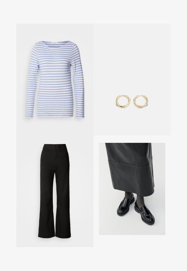 Langärmliges gestreiftes Oberteil in Hellblau und Weiß, mit Rundhalsausschnitt und weichem Baumwollmaterial in lockerer Passform.; Schwarze weit geschnittene Hosen mit glatter Textur, hoher Taille und klarem Design. Keine sichtbaren Taschen oder Verzierungen.; Schwarze Lederloafers mit glatter Oberfläche, verziert mit einem dekorativen Riemen, runder Zehenpartie und texturierten Sohlen. Getragen mit einem langen schwarzen Lederrock.; Goldene Creolen mit einer strukturierten, unregelmäßigen Form. Sie verfügen über einen nahtlosen Verschluss und eine polierte Oberflächenbehandlung, die ein modernes Design betont.