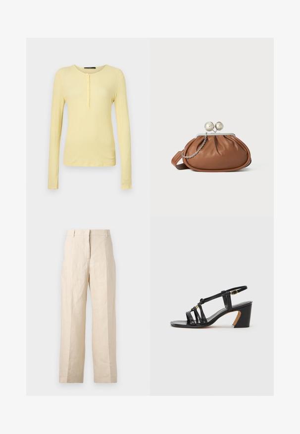 Long-sleeve, ribbed T-shirt in light yellow with a rounded neckline and five-button placket. Soft texture with a slim fit.; Beige linen trousers with a loose fit, pleated front, and straight legs. Features a waistband with belt loops and no visible pockets.; Paul Smith AMIRA - Classic heels - black; Brown leather clutch purse with silver ball clasp and a small silver chain detail on a white background.
