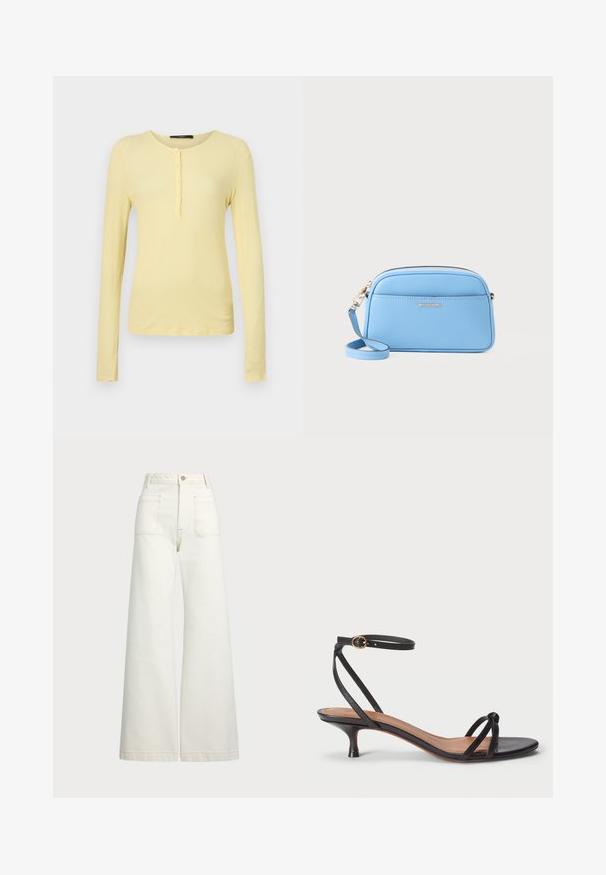 Tricou cu mânecă lungă, cu model canelat, de culoare galben deschis, cu guler rotund și placket cu cinci nasturi. Textură moale și croială slim.; Jeans cu picioare late din denim alb-crem. Design cu talie înaltă, cu închidere prin nasture, două buzunare frontale și detalii cu cusături contrastante.; Polo Ralph Lauren LEATHER KITTEN-HEEL SANDAL - Pantofi clasici cu toc - black; Geantă de umăr din piele albastru deschis, cu accente aurii, închidere cu fermoar și un buzunar frontal. Dispune de o curea ajustabilă pentru confort.