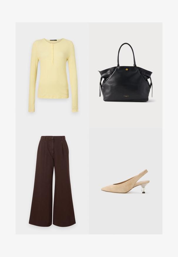 Long-sleeve, ribbed T-shirt in light yellow with a rounded neckline and five-button placket. Soft texture with a slim fit.; High-waist wide-leg brown pants with button and zipper closure, belt loops, and front pleats.; Beige suede slingback shoe with a pointed toe and a transparent, rounded heel. Smooth texture and minimalist design.; Black leather tote bag with a textured surface, gold hardware, and two rounded handles. Features a secure closure and minimal branding.