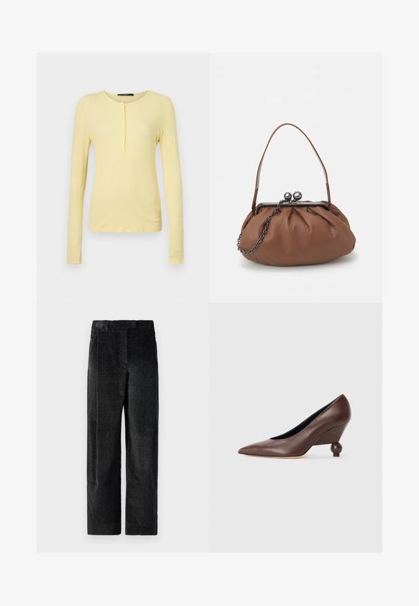 Długi rękaw, prążkowana koszulka w jasnym żółtym kolorze z okrągłym dekoltem i pięcioma guzikami. Miękka tekstura z dopasowanym krojem.; Czarne, strukturalne spodnie z szerokimi nogawkami i wyraźnym splotem, z zaszewkami z przodu oraz płaskim pasem. Klasyczny design zapewniający wszechstronność.; Brązowe skórzane trzewiki na koturnie z ostrym noskiem i zaokrąglonym, kulistym obcasem. Gładka tekstura, prosta forma i minimalne zdobienia.; Brązowa skórzana torebka na ramię z marszczonym wzorem, krótkim skórzanym uchwytem i łańcuszkowym paskiem. Posiada srebrny metalowy zamek z dwoma okrągłymi akcentami.