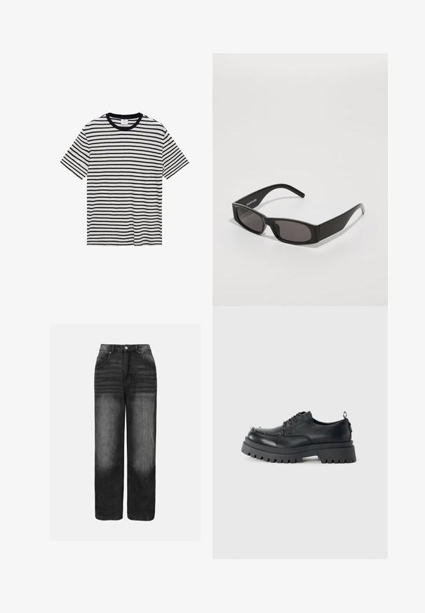 Raidallinen t-paita, jossa on vaakasuoria mustia ja valkoisia raitoja, pyöreä kaula-aukko, lyhyet hihat ja pehmeä, teksturoitu kangas.; Mustat farkut, joissa on haalistumistehoste, korkealla vyötäröllä, viiden taskun suunnittelulla ja suoralinjaisella leikkauksella. Metalliosat ja ompeluyksityiskohdat ovat näkyvissä.; Musta tukeva nahkakenkä, jossa on paksu, jykevä pohja ja metallinapit varpaan alueella, valokuvattu vaaleaa taustaa vasten.; Mustat suorakulmaiset aurinkolasit tummilla linsseillä, sileä muovikehys ja hienovarainen logo vasemmassa varressa. Minimalistinen muotoilu.