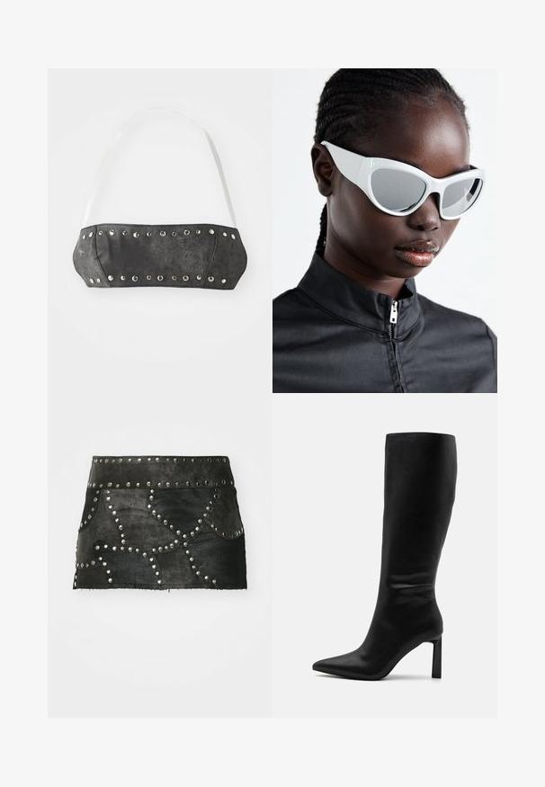 Čierny faux kožený bandeau s striebornými kovovými hrotmi pozdĺž predného okraja; obsahuje biele nastaviteľné popruhy. Hladká textúra, štrukturálny tvar.; Čierna kožená sukňa so dekoratívnymi striebornými cvočkami a zakriveným švom. Má priliehavý pás a lem, ktorý sa nachádza nad stredom stehna.; Even&Odd Čižmy - black; Biele slnečné okuliare s odváznym, nadrozmerným dizajnom a zrkadlovými sklami, s hladkými plastovými rámami a zvýraznenými krivkami.