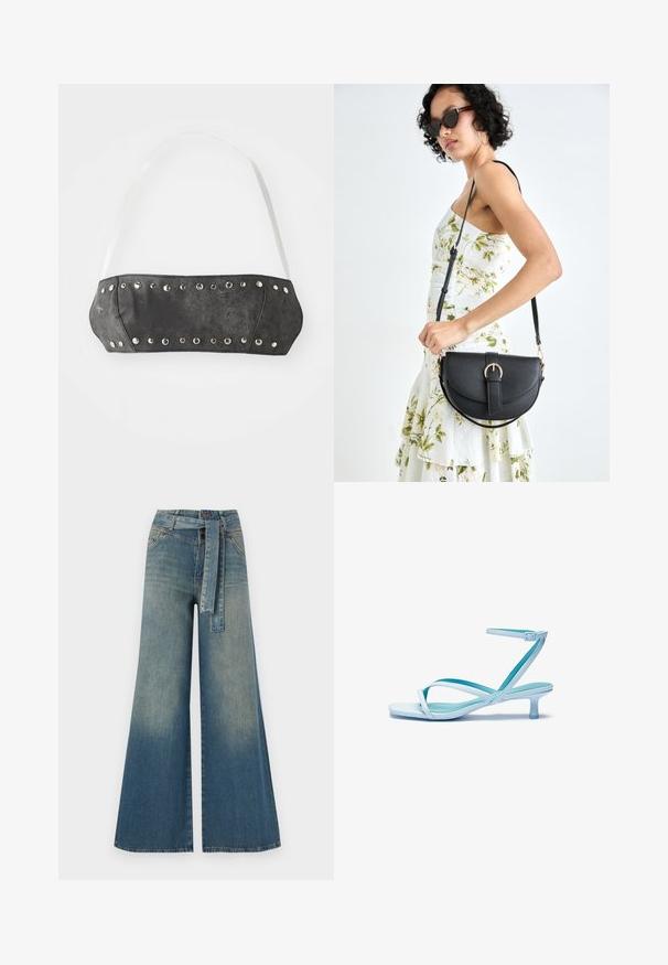 Black faux leather bandeau with silver metal studs along the front edge; features white adjustable straps. Smooth texture, structured shape.; Wide-leg denim trousers featuring a light to dark blue gradient, high waist, belt loops, and a matching fabric belt. Textured denim finish.; Light blue strappy sandal with a square toe, low heel, adjustable ankle strap, and smooth, glossy finish. Crossed straps on the footbed.; Black leather handbag with a curved shape, detachable strap, and gold hardware. The bag features a flap with a buckle detail.