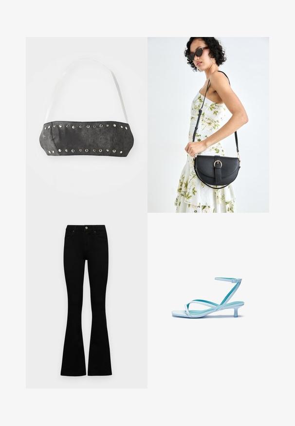 Black faux leather bandeau with silver metal studs along the front edge; features white adjustable straps. Smooth texture, structured shape.; Black high-waist jeans with a button and zip closure, front pockets, and flared legs laid flat on a white background.; Light blue strappy sandal with a square toe, low heel, adjustable ankle strap, and smooth, glossy finish. Crossed straps on the footbed.; Black leather handbag with a curved shape, detachable strap, and gold hardware. The bag features a flap with a buckle detail.