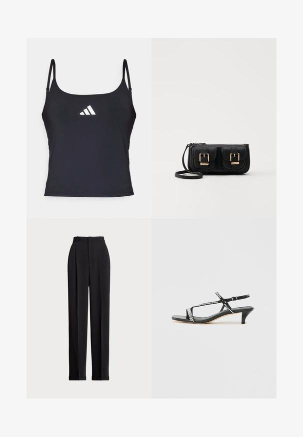 Fekete sportos ujjatlan felső vékony pántokkal, elöl fehér Adidas logóval. Sima anyag, testhezálló fazonban.; Fekete, testre szabott nadrág magas derékkal, elöl redőkkel, egyenes láblineáris kialakítással és halkézével. Sima anyagból készült.; Fekete magassarkú szandál, keresztpántokkal és strasszkő díszítéssel, alacsony sarokkal és sima, matt felülettel.; Fekete bőr keresztbody táska két elülső zsebbel, arany csattokkal, cipzáras záródással és vékony pánttal. Textúrált felület és kompakt téglalap alak.