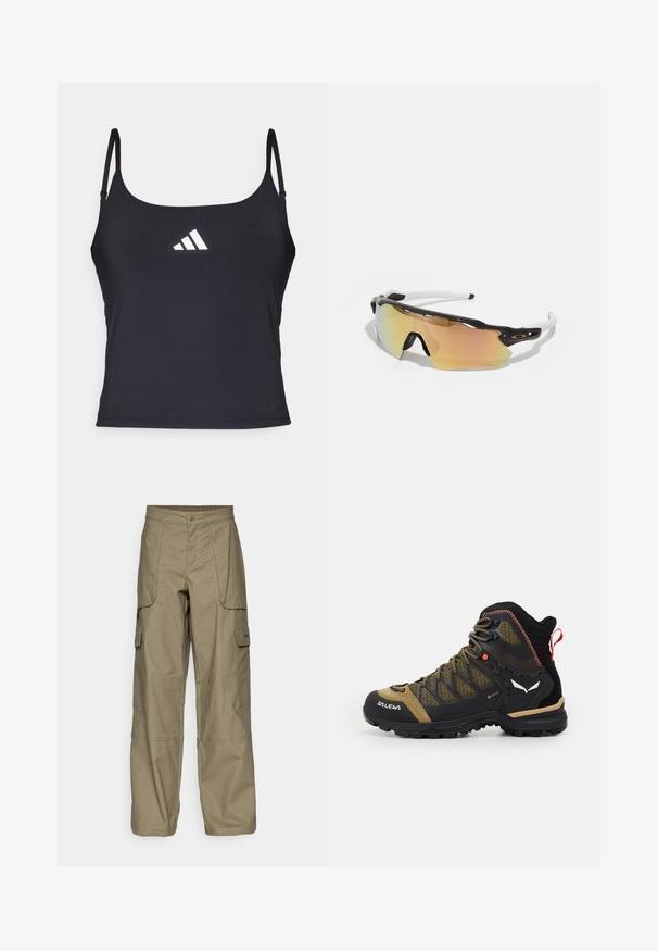 Czarny sportowy top na ramiączkach z cienkimi paskami, z białym logo Adidasa z przodu. Gładki materiał o dopasowanym kroju.; Pantalony cargo w oliwkowym kolorze, wykonane z luźnego materiału, z wieloma bocznymi kieszeniami i zapięciem na guzik w talii. Gładka tekstura.; Wysokie buty hikingowe w kolorze czarnym i oliwkowym, z siateczkową cholewką, gumową podeszwą oraz teksturowanymi akcentami, wyposażone w tylną pętlę do zakupu.; Okulary przeciwsłoneczne z czarno-białą oprawką, dużymi lustrzanymi soczewkami w złotych i różowych odcieniach, aerodynamiczny kształt oraz wydłużona zewnętrzna krawędź.