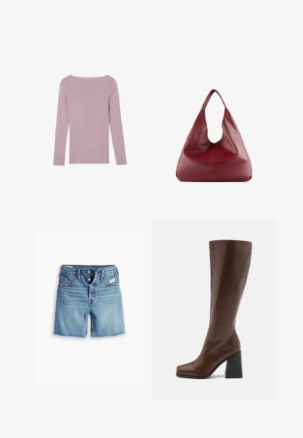 Intimissimi - Bluzka z długim rękawem; Jasnoniebieskie szorty dżinsowe z postrzępionym dołem, z zapięciem na guziki i pięcioma kieszeniami. Posiadają niewielkie przetarcia z przodu.; RAID RENZO brązowy; Czerwona skórzana torebka hobo o szerokim, luźnym kształcie i dużym otwarciu, z subtelną teksturą i wytłoczonym logo z przodu.
