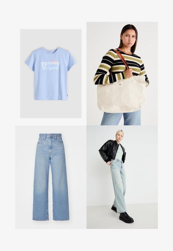 Világoskék, rövid ujjú pamut póló, fehér és pasztell grafikával, rajta a "Levi's" felirattal, valamint hullám- és napmintázattal.; Világoskék, magas derekú, bő szárú farmernadrág, elülső gombbal és cipzárral, elülső és hátsó zsebekkel, fehér háttérrel.; Fekete bőrdzseki, mentazöld ing, világoskék széles szárú farmernadrág és fekete fűzős cipő, minimalista háttér előtt.; Nagy bézs színű vászontáska barna bőr pántokkal, minimalista dizájnnal és látható varrásokkal.