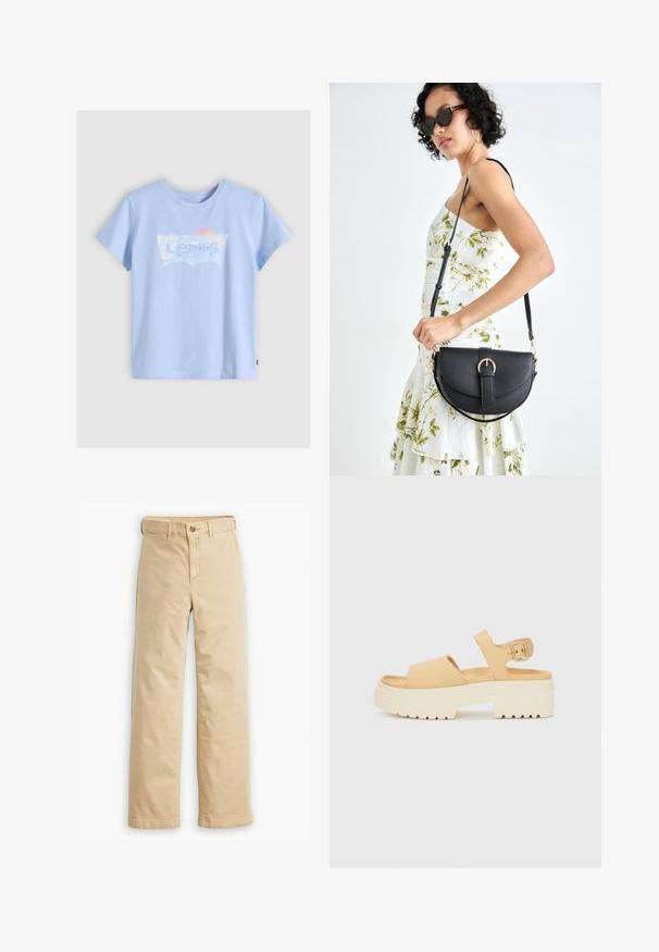 Light blue short-sleeve T-shirt made of cotton, featuring a white and pastel graphic with "Levi's," including a wave and sun design.; Beige, straight-leg pants made from cotton blend fabric, featuring a button closure and standard pockets on front and back.; Yellow faux leather sandal with a chunky white platform sole. Features two wide straps and an adjustable ankle strap with a metal buckle.; Black leather handbag with a curved shape, detachable strap, and gold hardware. The bag features a flap with a buckle detail.