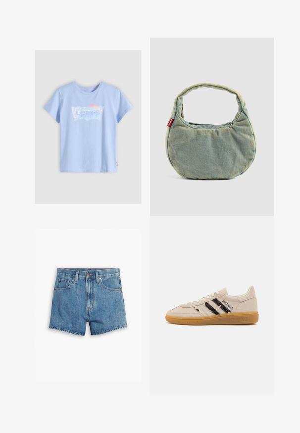 Light blue short-sleeve T-shirt made of cotton, featuring a white and pastel graphic with "Levi's," including a wave and sun design.; Denim shorts in light blue, featuring five pockets, a zip fly, and a button closure. The hem is frayed with a relaxed fit design.; Beige suede sneaker with black stripes and "Spezial" text, features a textured gum rubber sole and classic lace-up design.; Light blue denim handbag with short padded handle and small red Levi's logo tag on the side, set against a plain background.