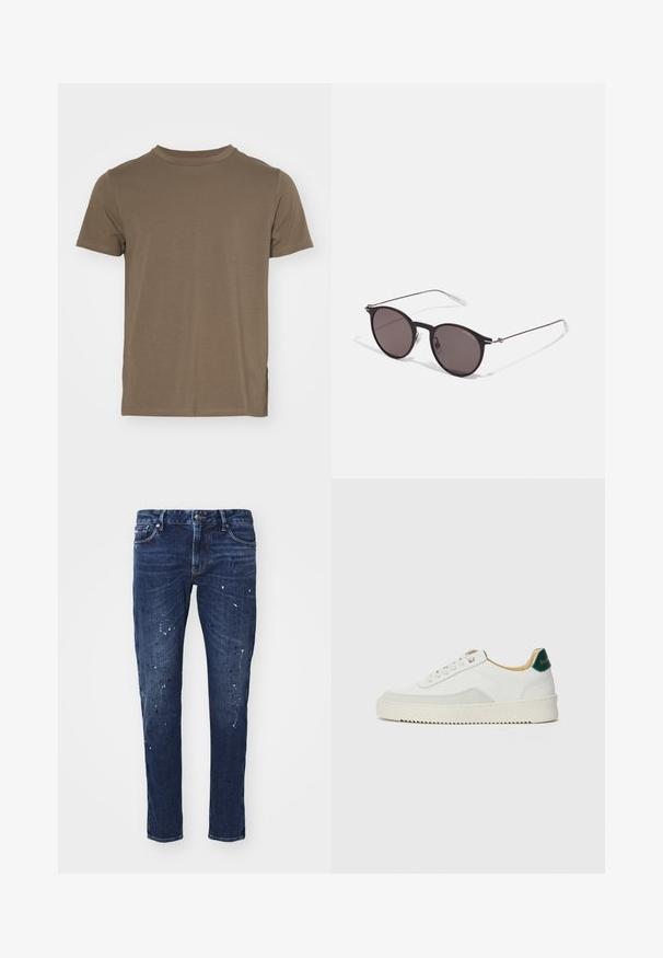 Bruine katoenen t-shirt met korte mouwen, ronde hals en een ontspannen pasvorm. Bevat zijsplitten aan de zoom voor extra comfort.; Donkerblauw denim jeans met een slim fit, voorzien van verfspetters, zichtbare stiksels en een standaard vijf-pocket ontwerp. Recht gesneden pijpen.; Witte sneaker met suède accenten, ronde neus, platte veters en een crème rubberen zool. Bevat groene branding op de hiel.; Zwarte ronde zonnebril met donkere lenzen en slanke metalen armen. Inclusief heldere tempelpunten en zilveren accenten bij de scharnier. Minimalistisch ontwerp.