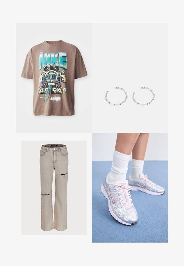 Brun bomull t-skjorte med et dristig, fargerikt motiv av en boombox og en sykkel. Designet inkluderer ordet "NIKE" i store blå bokstaver.; Lys grå jeans i en avslappet passform, med slitte detaljer og hull ved knærne samt en falmet tekstur. Inkluderer fem lommer og beltehemper.; Nike løpesko med en sølvfarget mesh-overdel og rosa aksenter, hvite snørebånd og en teksturert såle. Brukt med hvite bomullstrømper for trening.; Sølv hoops øredobber med en tvistet design, som har en polert finish og bakstøtte. Mål omtrent 3 cm i diameter.