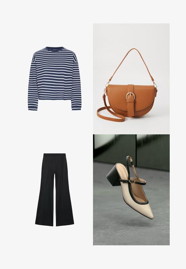 Navy blue long-sleeve top with white horizontal stripes, crew neckline, and cropped hem. Fabric appears soft with a textured finish.; Black wide-leg pants with a smooth texture, featuring front pleats and a tailored design. The fabric is lightweight and flowy.; Beige pointed-toe slingback shoe with black trim, gold buckle, and a chunky block heel on gray floor with dark green background.; Brown leather crossbody bag with a curved shape, gold hardware, and a buckle accent. Features a detachable shoulder strap.