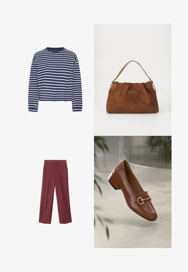 Marinblå långärmad topp med vita horisontella ränder, rund halsringning och cropped nederkant. Tyget verkar mjukt med en strukturerad yta.; Bordeaux bredderbyxor med en slät textur, med sidofickor och hög midja. Skräddarsydda med en ren frontveck.; Brun lackläder loafer med fyrkantig tå, metallkedja som accent och låg blockklack; slät textur, minimalistisk design.; Brun mockaläderhandväska med ett samlat mönster, som har en enkel rem i tanläder och en subtil guldfärgad logotypdetalj på framsidan.
