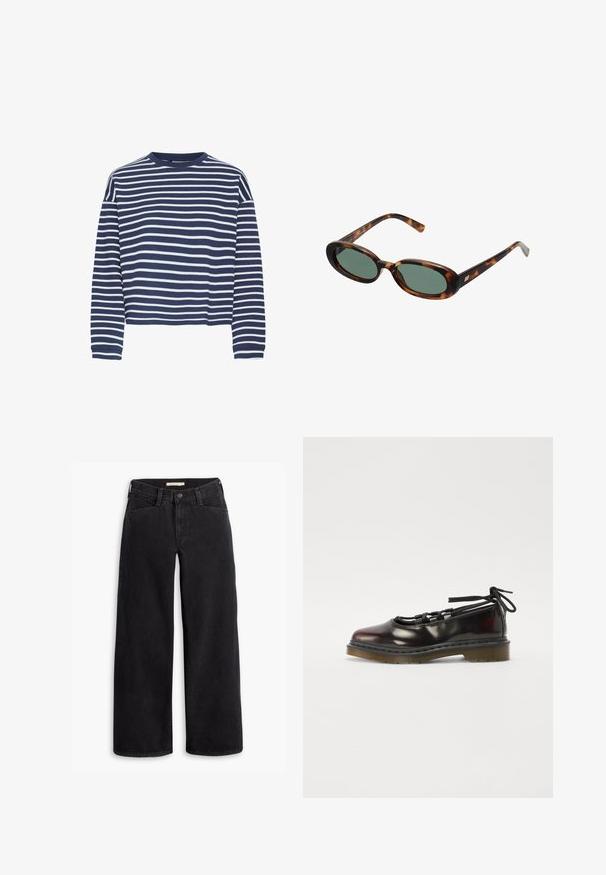 Navyblaues Langarmoberteil mit weißen horizontalen Streifen, Rundhalsausschnitt und cropped Saum. Der Stoff wirkt weich mit einer strukturierten Oberfläche.; Schwarze weit geschnittene Jeans aus Denim. Mit hoher Taille, Fronttaschen und einem Reißverschluss mit Knopfverschluss. Glatte Textur.; Glänzender dunkelroter Schuh mit abgerundeter Zehe, Schnürdesign, Gummisohle und schwarzen Schnürsenkeln, mit silberner Hardware und genähten Kanten.; Schildpatt-Sonnenbrille mit ovalen Rahmen und grünen Gläsern. Verfügt über dünne Bügel mit einem metallischen Akzent in der Nähe der Scharniere.; Braune Wildleder-Hobo-Tasche mit geschwungener Form, einfachem Schulterriemen, Reißverschluss und glatter Textur. Schlichtes Design mit minimalen Hardware-Details.