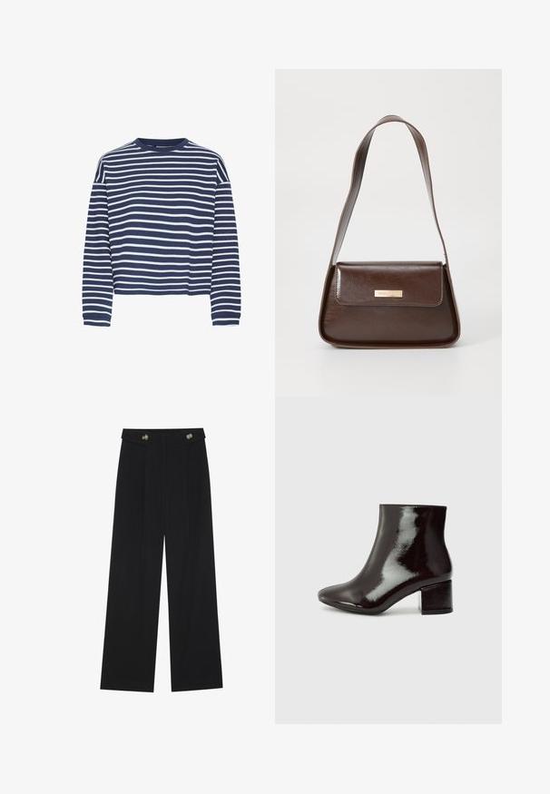 Tamsiai mėlynas ilgomis rankovėmis viršus su baltais horizontaliais dryžiais, apvalia iškirpte ir trumpu hemu. Audinys atrodo švelnus su tekstūruotu paviršiumi.; Juodi plačios kojos kelnės su aukštu liemeniu, sagų detalėmis ant liemens ir priekinėmis raukšlėmis.; Juodos patento odos aulinukai iki kulkšnies su smailiu nosiu ir storu kulnu. Lygus paviršius su subtiliu blizgesiu ir švariomis linijomis, minimalistinis dizainas.; Ruda odinė petinė kuprinė, turinti struktūrizuotą formą, su magnetine užtrauktuku ir metaliniu logotipu priekyje.