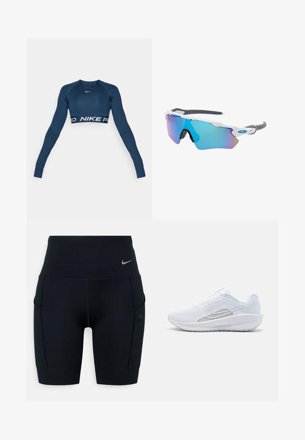 Sötétkék, hosszú ujjú sport crop top, rugalmas anyagból készült, fehér Nike logóval és széles "NIKE PRO" pánttal az alján.; Fekete, magas derekú sportnadrág, rugalmas anyagból készült; oldalán zsebekkel és egy kis Nike logóval a derékrészen.; Fehér sportcipő hálós felsőrésze, kerek orra és textúrált talpa van. Ezüst Nike logóval és minimalista dizájnnal rendelkezik.; Fehér keretű napszemüveg, szürke díszítéssel és kék tükörlencsékkel. Sportos dizájn, körbeölelő forma és állítható orrtámasz.