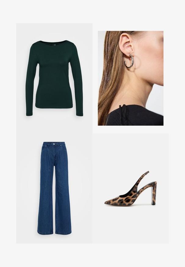 Long-sleeve top in dark green, made of soft fabric. Features a round neckline and fitted design with seamless edges. Minimalist style.; Wide-leg blue denim jeans with a high waist, front button and zipper closure, and front and back pockets against a plain background.; Leopard print slingback pump with a pointed toe and transparent block heel. Made of glossy material with a smooth texture.; Silver hoop earring with a polished finish, featuring small gold accent details and a round shape, worn on the lobe.
