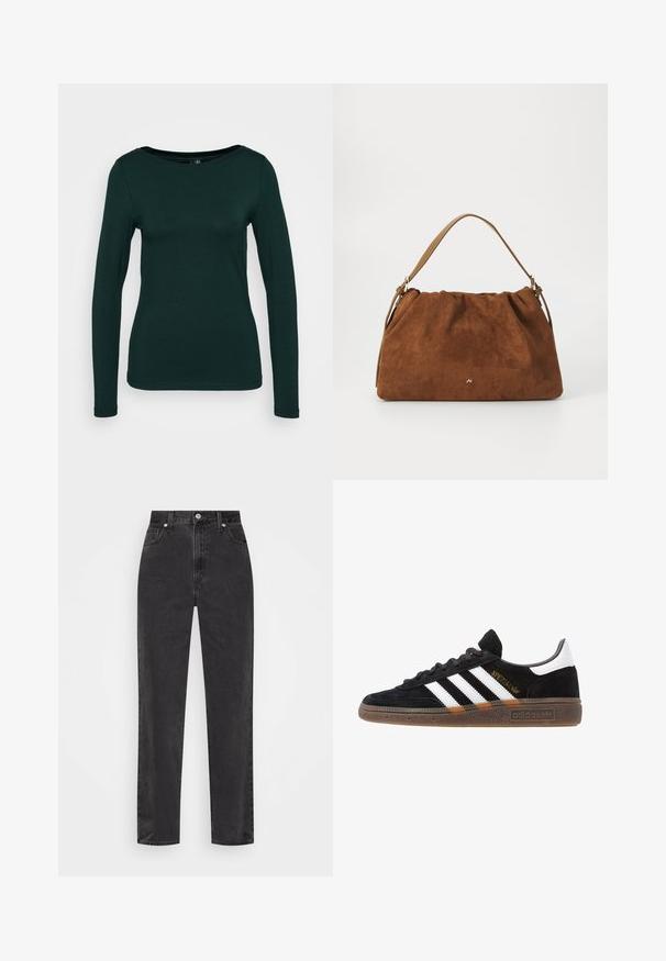 Dlhý rukáv top v tmavozelenej farbe, vyrobený z mäkkej textílie. Má okrúhly výstrih a priliehavý strih s bezšvovými okrajmi. Minimalistický štýl.; Čierne džínsy s rovnými nohavicami a vysokým pásom, s predným zapínaním na gombík a zips, a štýlom s piatimi vreckami na bielom pozadí.; Čierne tenisky Adidas so bielymi pruhmi, zlatým textom "Spezial", gumenou podrážkou a bielym zadným pútkom, zobrazené z bočného pohľadu.; Hnedá semišová kabelka s nariaseným dizajnom, s jedným koženým remienkom v svetlohnedej farbe a jemným zlatým logom na prednej strane.