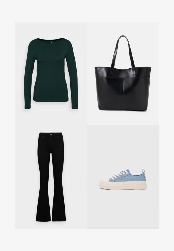Long-sleeve top in dark green, made of soft fabric. Features a round neckline and fitted design with seamless edges. Minimalist style.; Black high-waist jeans with a button and zip closure, front pockets, and flared legs laid flat on a white background.; Light blue canvas sneakers with a cream rubber toe cap and outsole, featuring white laces and a pull tab on the heel.; Black leather tote bag with two long handles, a smooth texture, and a structured shape. Features a front pocket for additional storage.