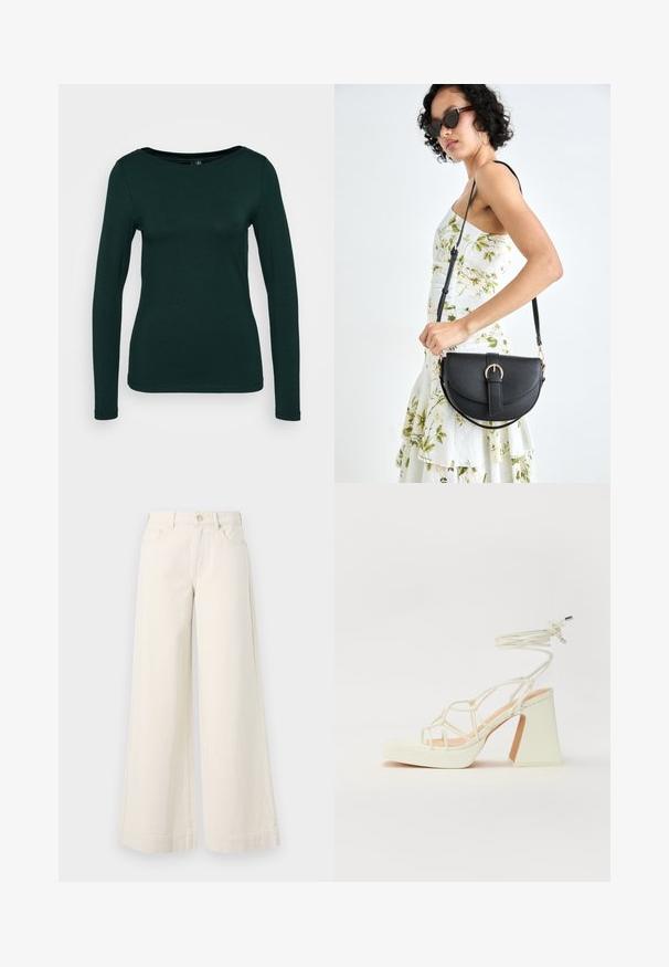Dolgi rokavi v temno zeleni barvi, izdelani iz mehkega blaga. Ima okroglo ovratnico in prilegajočo zasnovo brez šivov. Minimalističen stil.; Široke, svetlo bež traper hlače z visokim pasom, dvema sprednjima žepoma, gumbom za zapiranje in subtilnimi šivi.; Bela sandala na visokih petah s debelim petam, ki ima obliko trakcev in vezanje okoli gležnja. Gladka tekstura z platformo spredaj za dodatno višino.; Črna usnjena torbica s ukrivljeno obliko, z odstranljivo naramnico in zlatimi dodatki. Torbica ima pokrov s podrobnostmi v obliki zaponke.