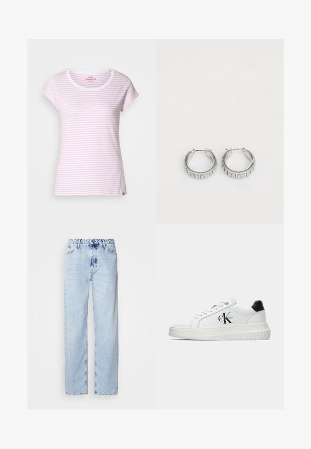 Lyserød og hvid stribet t-shirt med rund halsudskæring og korte ærmer. Lavet af blødt stof med en almindelig pasform. Subtilt mærke ved sømmen.; Lyseblå brede jeans lavet af denim, med høj talje, falmet vask og subtil tie-dye mønster langs fronten.; Hvide lavtoppede sneakers med sort hælkænke, platformssål, snørebånd og Calvin Klein "CK" logo på siden.; Sølv hoop øreringe med et struktureret design, der har lodrette riller. Cirkelformede med en sikker lås. Glat finish.
