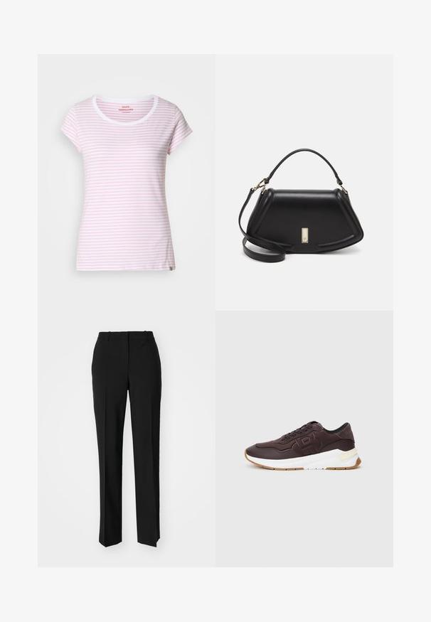 T-shirt rayé rose et blanc avec un col rond et des manches courtes. Confectionné dans un tissu doux avec une coupe régulière. Étiquette de marque discrète à l'ourlet.; Pantalon noir ajusté avec une coupe droite, présentant une texture lisse et des plis nets sur le devant. Aucune quincaillerie visible.; Baskets marron foncé avec doublure noire, logo en relief sur le côté, semelle épaisse blanche et semelle en caoutchouc couleur caramel sur un fond uni.; Sac à main en cuir noir avec un design structuré, featuring une forme cropped, une poignée supérieure et des accents en matériel doré. Bandoulière réglable incluse.