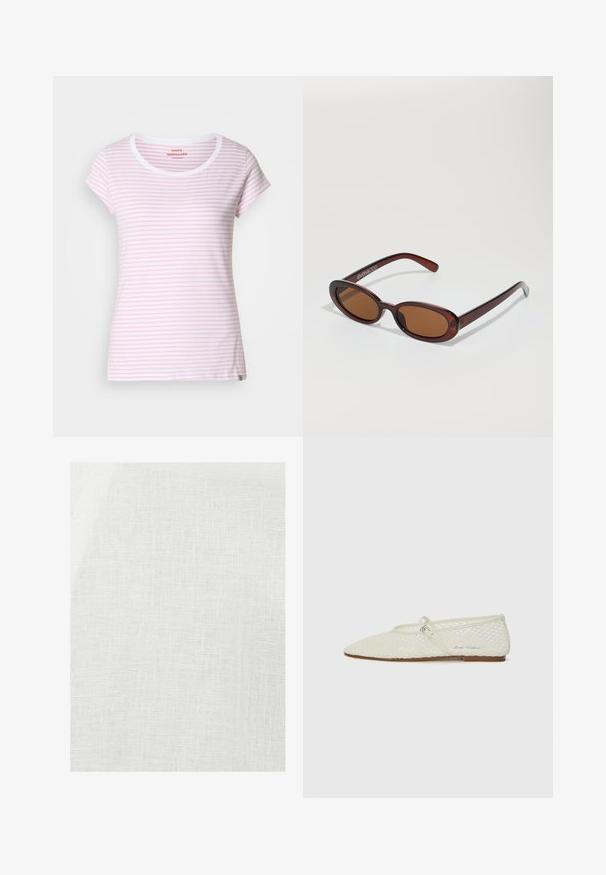Różowa i biała w paski koszulka z okrągłym dekoltem i krótkimi rękawami. Wykonana z miękkiego materiału o regularnym kroju. Dyskretna metka marki na końcu.; Biała tkanina lniana z teksturowanym splotem, o lekko nieprzezroczystym wyglądzie i naturalnych nierównościach w całym materiale.; Jasno beżowe baleriny z siateczki z ostrym noskiem i regulowanym paskiem. Posiadają teksturowaną górę oraz brązową, płaską podeszwę.; Okrągłe, brązowe okulary przeciwsłoneczne z błyszczącą bordową oprawą. Cienkie ramiona z subtelnym detalem marki. Płaski kształt soczewek.; Brązowa torebka skórzana pleciona o luźnym, trójkątnym kształcie. Posiada pleciony uchwyt i zamek błyskawiczny na górze.