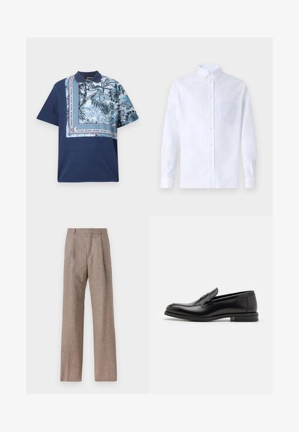 Mornarica kratka polo majica s kratkim rukavima koja s jedne strane ima šareni cvjetni uzorak, s teksturiranim ovratnikom i detaljima logotipa uz šav.; Bijela košulja s dugim rukavima na dugme, izrađena od pamuka, s džepom na prsima s ton-sur-ton vezom, ovratnikom i dugmadi na manžetama.; Smeđe, hlače viskog struka od teksturiranog materijala. Imaju široke nogavice i dva prednja pregiba za strukturu. Uređen završetak bez vidljivih metalnih dijelova.; Crni kožni mokasini s glatkom teksturom, zaobljenim prstima i ukrasnom trakom preko prednjeg dijela. Niski slojeviti potplat, minimalistički dizajn.