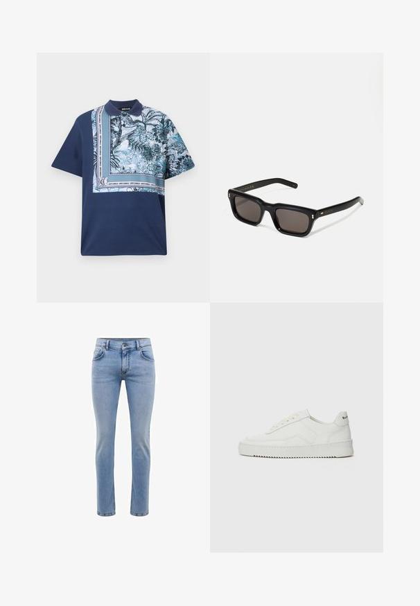 Marineblå kortermet polo skjorte med et fargerikt blomstermønster på den ene siden, med en teksturert krage og detaljerte logoakcenter langs sømmen.; Lyseblå denimjeans med slim fit, fem lommer og rett bendesign. Har glidelås og beltehemper. Myk tekstur.; Hvite lærersneakers med en jevn overflate, rund tå, flate lisser og en teksturert såle. Har en subtil logo på hælen.; Sorte rektangulære solbriller med mørke linser, tykk plastikkramme, gullaccenter på skulderpartiet og merkevarelogo gravert på armen.