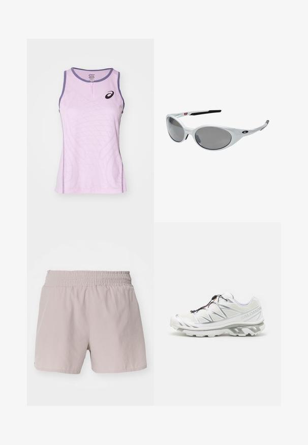 Lys lilla atletisk tanktop med en frontlynlås, der har et tekstureret design og kontrasterende mørk lilla accenter ved halsudskæringen og siderne.; Lys beige shorts med elastisk talje, glat tekstur og simpelt design. Uden synlige lukninger eller mønstre.; Hvid atletiksko med en tekstureret overdel, reflekterende detaljer og en grå sål. Har fremhævede trekantede mønstre og et hurtigt snøresystem.; Hvide plast solbriller med store ovale linser, gråtonede. Har sorte øre greb og et lille logo på rammen. Glat overflade.