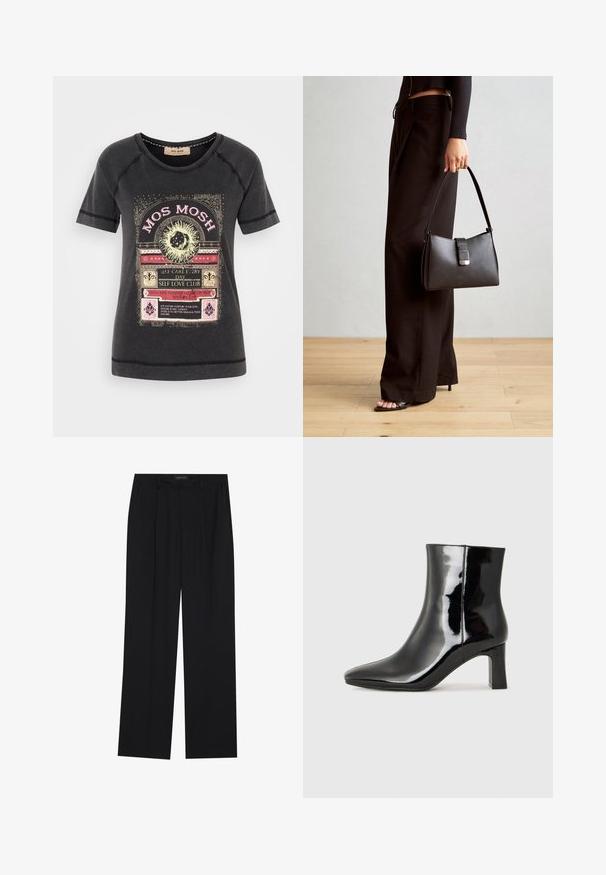 Melns kokvilnas t-kreklis ar krāsainu grafisko druku, dekoratīvu tekstu un dabas tematikas akcentiem. Apaļa kakla izgriezuma un īsām piedurknēm.; Melni bikses ar taisnu kāju dizainu, kurām ir divi priekšējie kabatas un jostasvieta. Izgatavotas no gludas, vieglas auduma.; Melnas patentētas ādas potīšu zābaki ar norādītu pirkstu un vidēja augstuma kvadrātveida papēdi. Gluda tekstūra un minimālisma dizains.; Melnā somiņa ar strukturētu formu, gludu tekstūru un metālu sprādzi. Saskaņota ar platām melnām biksēm un sandālēm ar atvērtu purngalu uz koka grīdas.