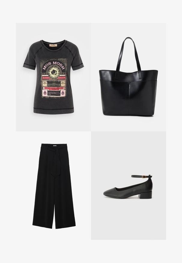 Black cotton t-shirt featuring a colorful graphic print with decorative text and nature-themed accents. Round neckline and short sleeves.; Black wide-leg pants featuring a textured fabric, an elastic waistband, and a detachable sash tie at the waist for adjustable fit.; Black leather pump with a pointed toe and a low block heel. Features an ankle strap with a gold-tone buckle. Smooth texture.; Black leather tote bag with two long handles, a smooth texture, and a structured shape. Features a front pocket for additional storage.
