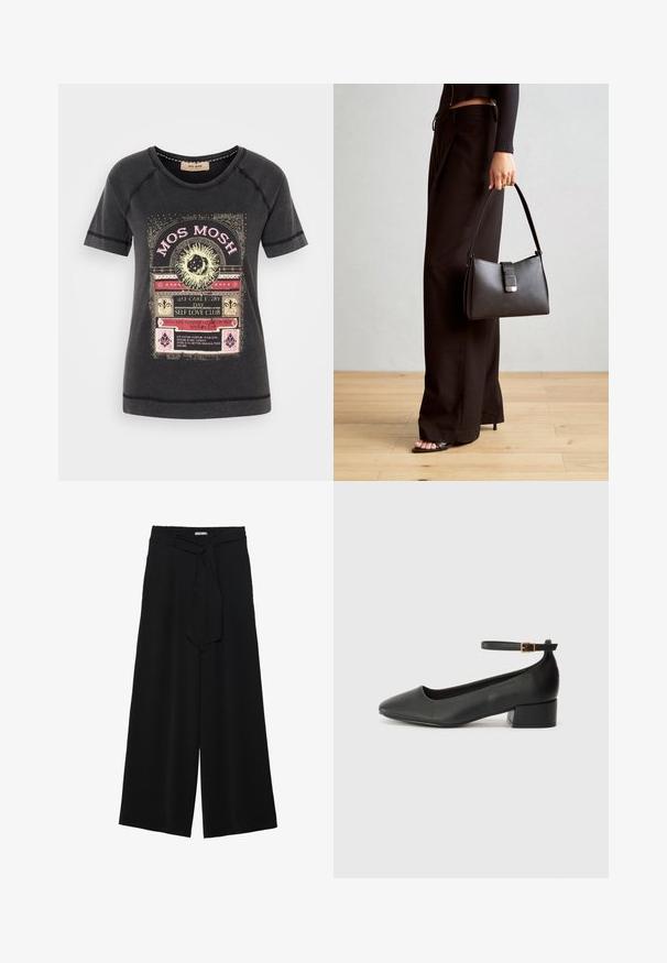Zwart katoenen T-shirt met een kleurrijke grafische print, versierd met tekst en natuurthema-accenten. Ronde hals en korte mouwen.; Zwarte wijde broek van textuurstof, met een elastische tailleband en een afneembare sjaalstrik in de taille voor een verstelbare pasvorm.; Zwarte leren pump met een spitse neus en een lage blokhak. Beschikt over een enkelband met een goudkleurige gespsluiting. Gladde textuur.; Zwarte handtas met gestructureerde vorm, gladde textuur en een metalen sluiting. Gecombineerd met brede zwarte broeken en sandalen met open teen op een houten vloer.