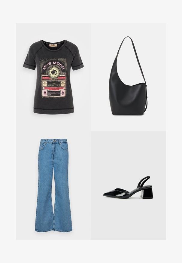 Camiseta de algodón negra con un estampado gráfico colorido que incluye texto decorativo y acentos de temática natural. Cuello redondo y mangas cortas.; Jeans acampanados de color azul claro hechos de denim, con una cintura alta, cinco bolsillos y un cierre de botón. Textura suave con acabado desgastado.; Zapatos de tacón slingback de charol negro con punta afilada y tacón geométrico en bloque. Presentan un diseño elegante y minimalista, así como una textura suave.; Bolso tipo hobo de cuero negro con una textura suave, forma curvada y una sola correa ajustable; presenta una amplia apertura en la parte superior.