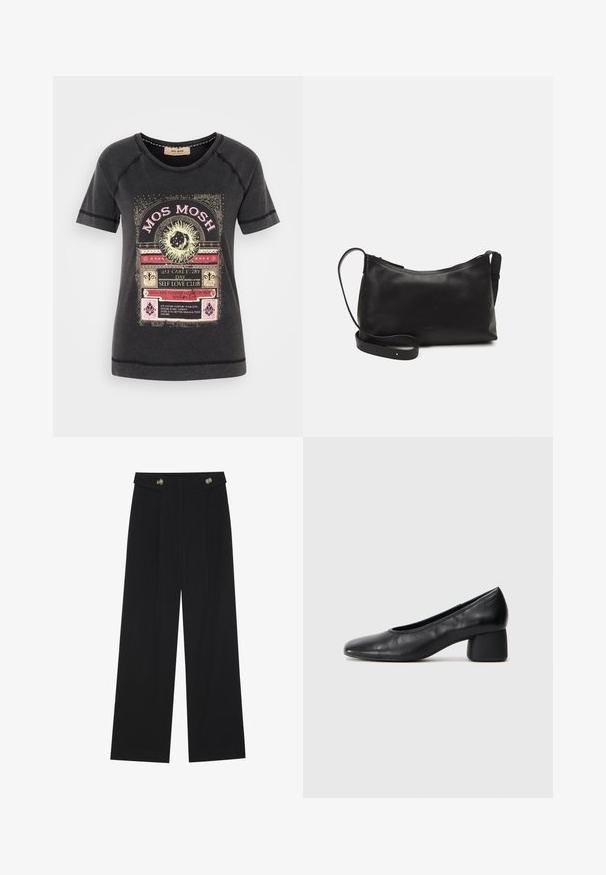 Svart bomull T-skjorte med et fargerikt grafisk trykk som har dekorativ tekst og naturinspirerte detaljer. Rund hals og korte ermer.; Svart vide bukser med høy midje, knappdetaljer på midjebåndet og frontplisser.; Sorte lærpumps med rund tå og mellomstor blokkhæl. Glatt tekstur med minimalt med detaljer, og har en subtil elastisk åpning.; Svart skinn skulderveske med glatt tekstur, buet form, justerbar stropp og glidelås. Minimalistisk design uten dekorasjoner.