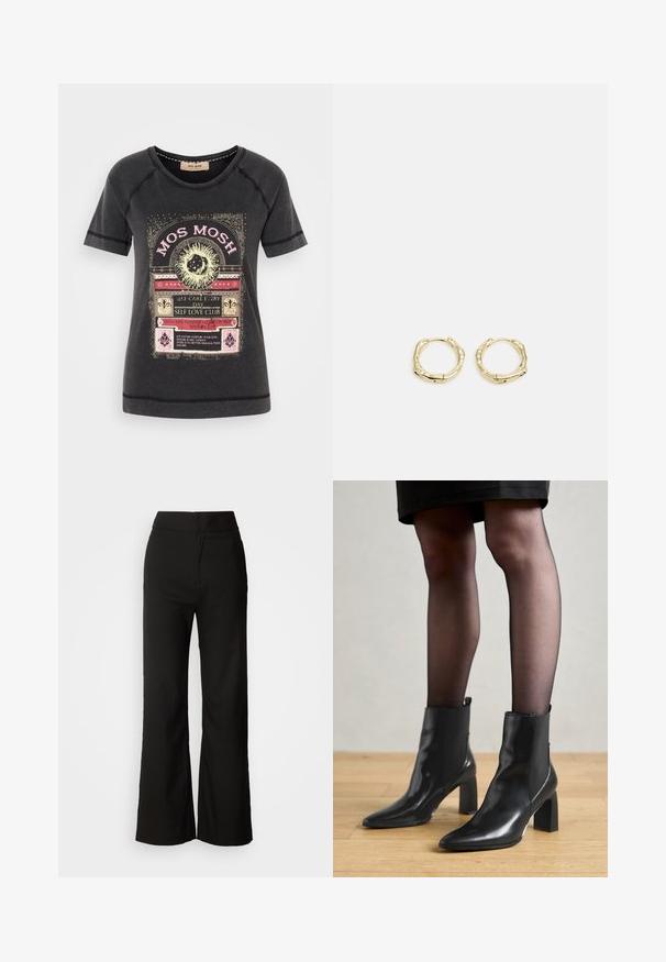 Melns kokvilnas t-kreklis ar krāsainu grafisko druku, dekoratīvu tekstu un dabas tematikas akcentiem. Apaļa kakla izgriezuma un īsām piedurknēm.; Melni platlegu bikses ar gludu tekstūru, augsto vidukli un tīru dizainu. Nav redzamu kabatu vai rotājumu.; Melni ādas potīšu zābaki ar izdilušu purngala formu, masīvu kvadrātveida papēdi un elegantu dizainu. Iekļautas elastīgas sānu paneļi, kas nodrošina ērtu uzvilkšanu.; Zelta riņķveida auskari ar tekstūru un neregulāru formu. Iekļauj bezšuvju aizdari un pulētu virsmas apdari, uzsverot mūsdienīgu dizainu.