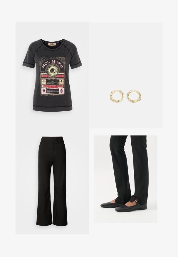 Musta puuvillapaita, jossa on värikäs graafinen printti koristeellisella tekstillä ja luontoteemaisilla yksityiskohdilla. Pyöreä pääntie ja lyhyet hihat.; Mustat leveät housut, joissa on sileä pinta, korkea vyötärö ja siisti muotoilu. Ei näkyviä taskuja tai koristuksia.; Musta nahkakengät balettityylillä, kärjessä terävä muoto, hihna hopeasoljella, yhdistetty mustiin räätälöityihin housuihin, joissa on halkiohelma.; Kultaiset renkaat, joissa on teksturoitu, epäsäännöllinen muoto. Varustettu saumattomalla suljinnalla ja kiillotetulla pinnalla, mikä korostaa modernia muotoilua.