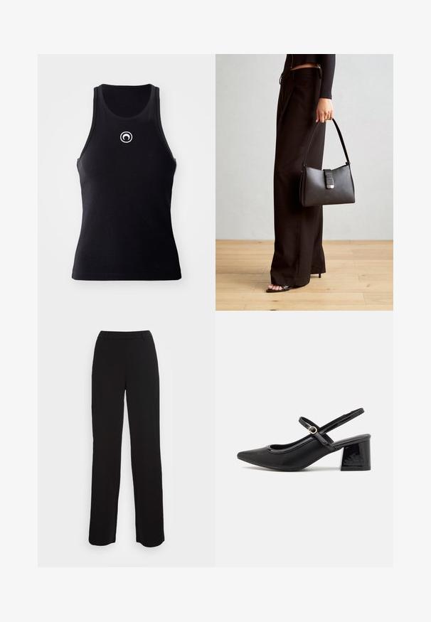 MARINE SERRE MOON LOGO TANK - Top - black; Calças pretas com um design de perna reta, textura suave e uma cintura ajustada. Apresentam bolsos frontais e um detalhe de costura minimalista.; Sabrinas de cerâmica preta com salto bloco, bico apontado e um design com recortes arredondados. Apresenta um detalhe em fivela de tom dourado.; Bolsa preta com forma estruturada, textura suave e um fecho metálico. Combinada com calças largas pretas e sandálias de salto aberto sobre um chão de madeira.