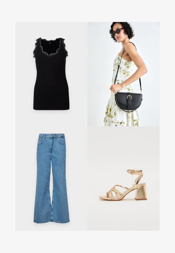 Must mustaga ribi tekstuuriga ning lainelise pitsäärisega krae ja küünarvarre ümber. Läbiv disain, ilma varrukateta, lihtne siluett.; Heledad sinine flared teksade rõivad, millel on kõrge talje, viis taskut ja üks nupulukk. Pehme tekstuur ja pleekinud viimistlus.; Kuldne metallik kontsandaalid, millel on rihmadega disain, ruudukujuline plokkkonts ja reguleeritav pahkluu rihm klambriga. Sile tekstuur.; Mustmust mustraha kõverate joontega, eemaldatava rihmaga ja kuldsete detailidega. Kotil on klapp, millel on pandladetail.