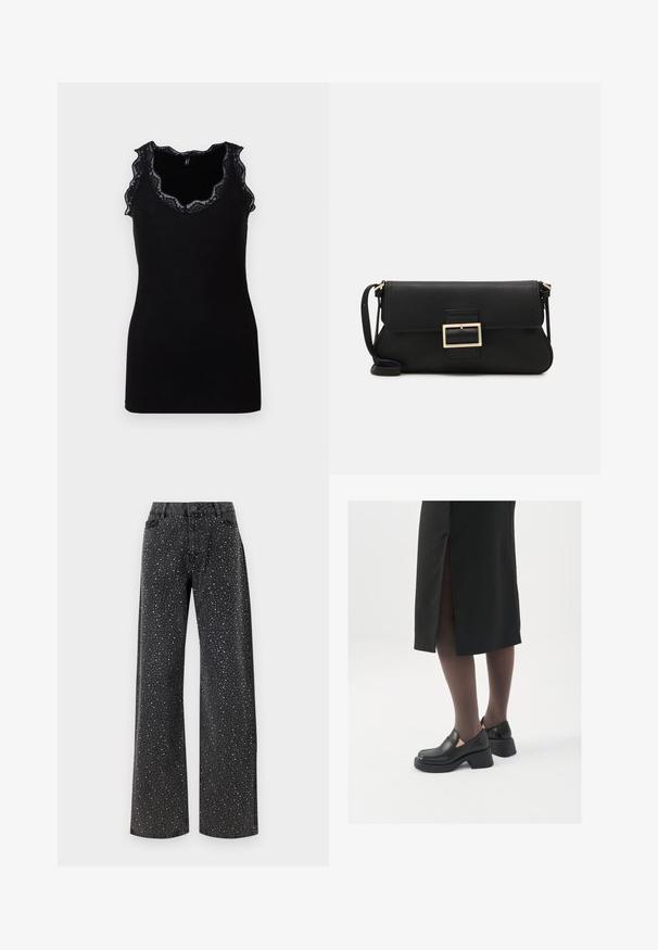 Sort tanktop med ribbet tekstur og bølget blondekant langs udskæringen og armhullerne. Tætsiddende design, uden ærmer, enkel silhuet.; Noisy May NMJANNEL LOOSE - Jeans Relaxed Fit - black denim; Sorte lædersko med rund tå, kraftig blokhæl og elastiske sideaccentuer, parret med mørke strømpebukser og en sort nederdel med slids.; Sort læder clutchtaske med klap og detaljer i guldmetallisk spænde. Inkluderer en sort rem og et slankt, minimalistisk design.; Sølvøreringe med et minimalistisk design. Cirkulær form, glat tekstur og tynd profil. Letvægtige med en poleret overflade.